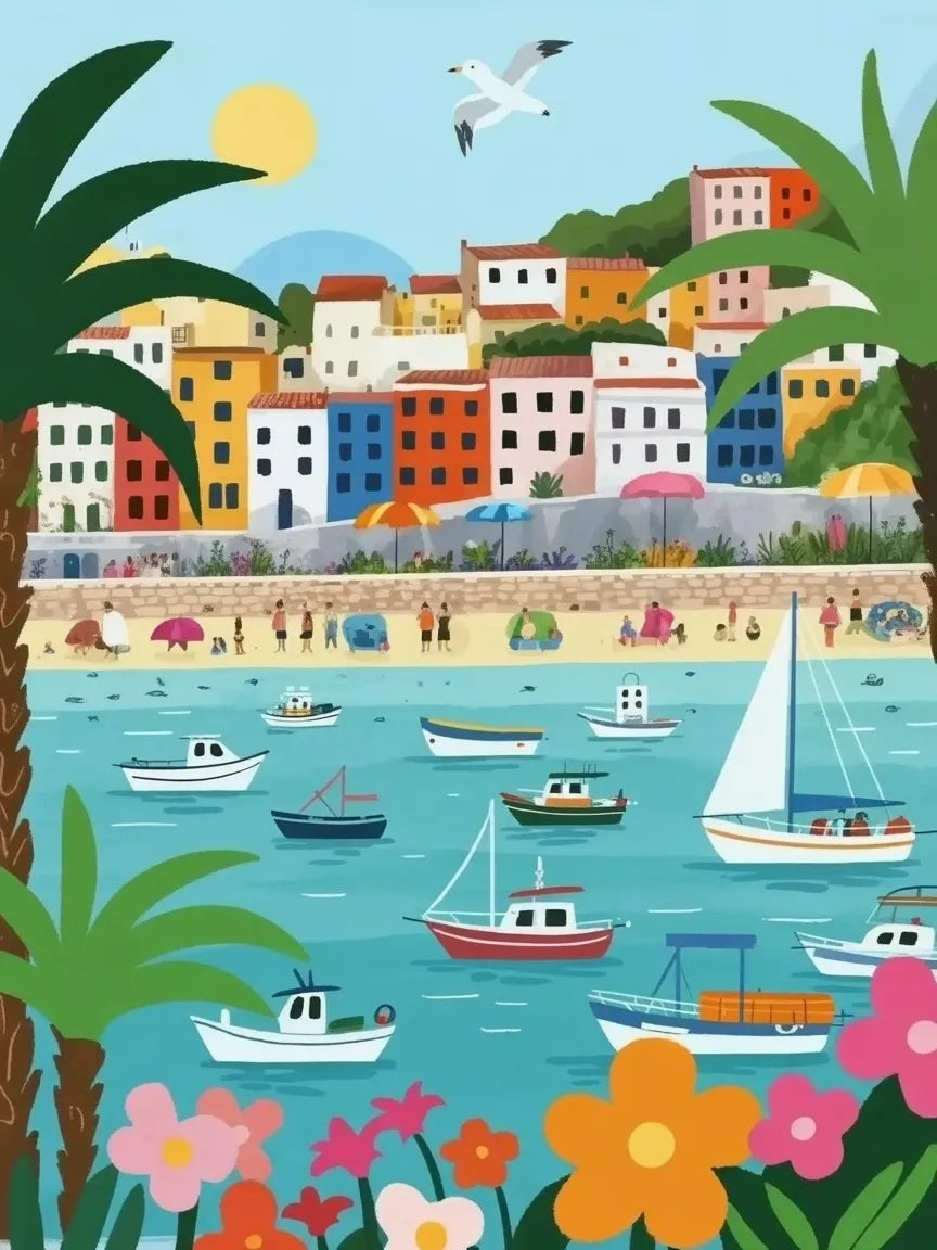 Colorful illustration of a coastal town with boats and people - paint by numbers