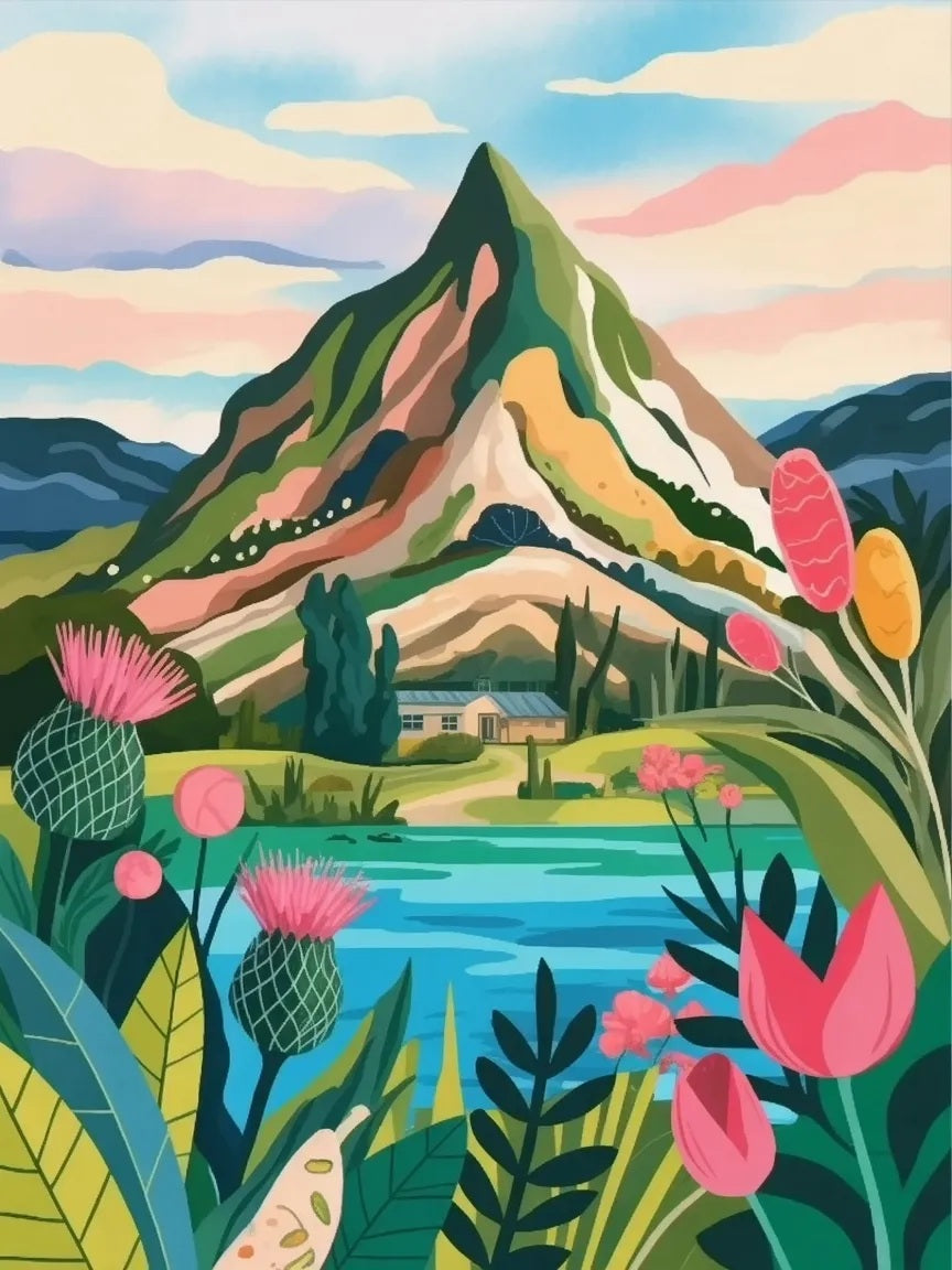 Colorful illustration of a mountain landscape with flowers and a lake -paint by numbers