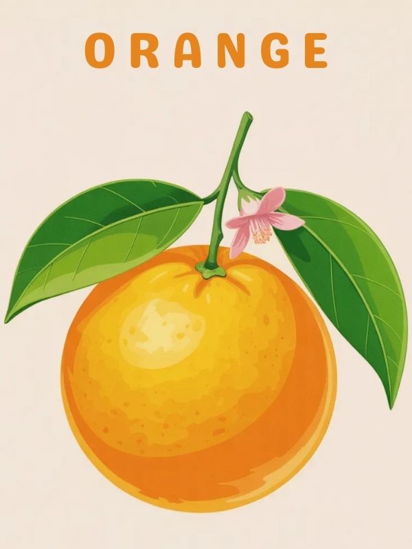 Illustration of an orange with leaves and a flower on a beige background - paint by numbers
