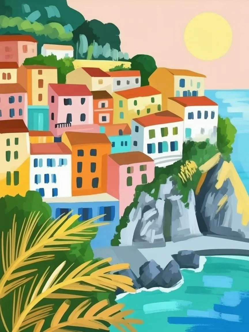 Colorful coastal village with houses and a body of water, surrounded by greenery - paint by numbers