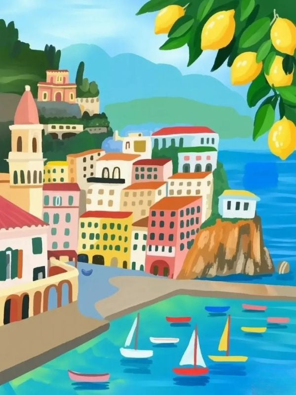Colorful coastal town with buildings, boats, and lemons on a sunny day - paint by numbers