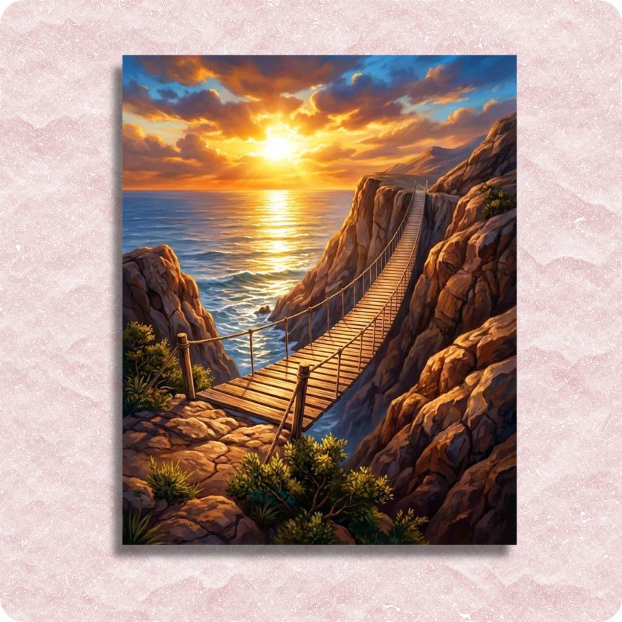 Painting of a wooden bridge over rocky terrain with a sunset over water. A Bridge into the Far - Paint by numbers