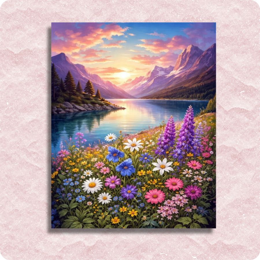 Scenic painting of a mountain lake with colorful flowers in the foreground on a pink textured background. Alpine Wildflowers - Paint by numbers