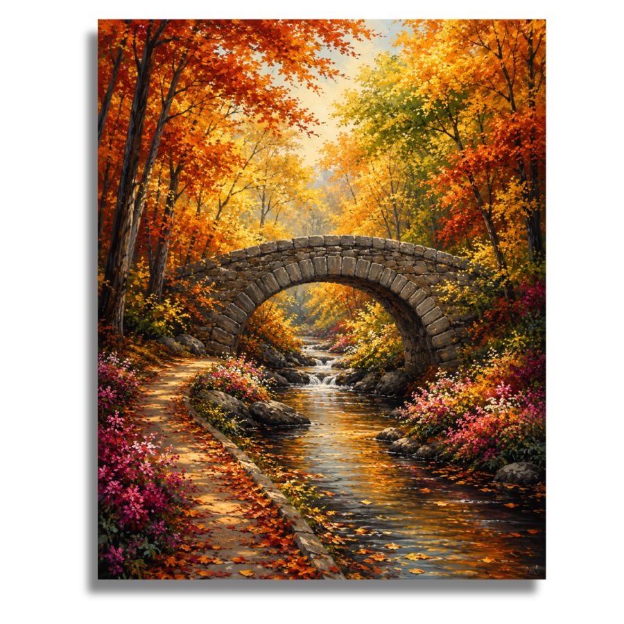 Painting of a stone bridge over a stream in a colorful autumn forest. Autumn Stone Bridge - Paint by numbers