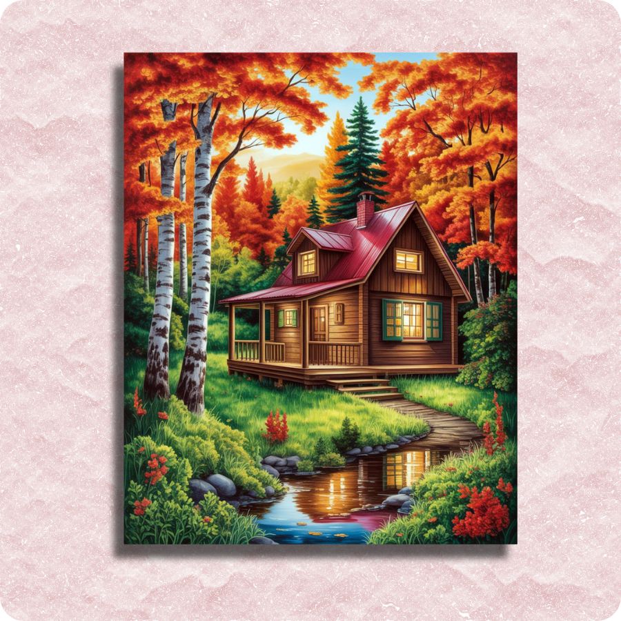 Painting of a wooden cabin in a forest with autumn foliage on a pink textured background. Autumn Forest Colors - Paint by numbers