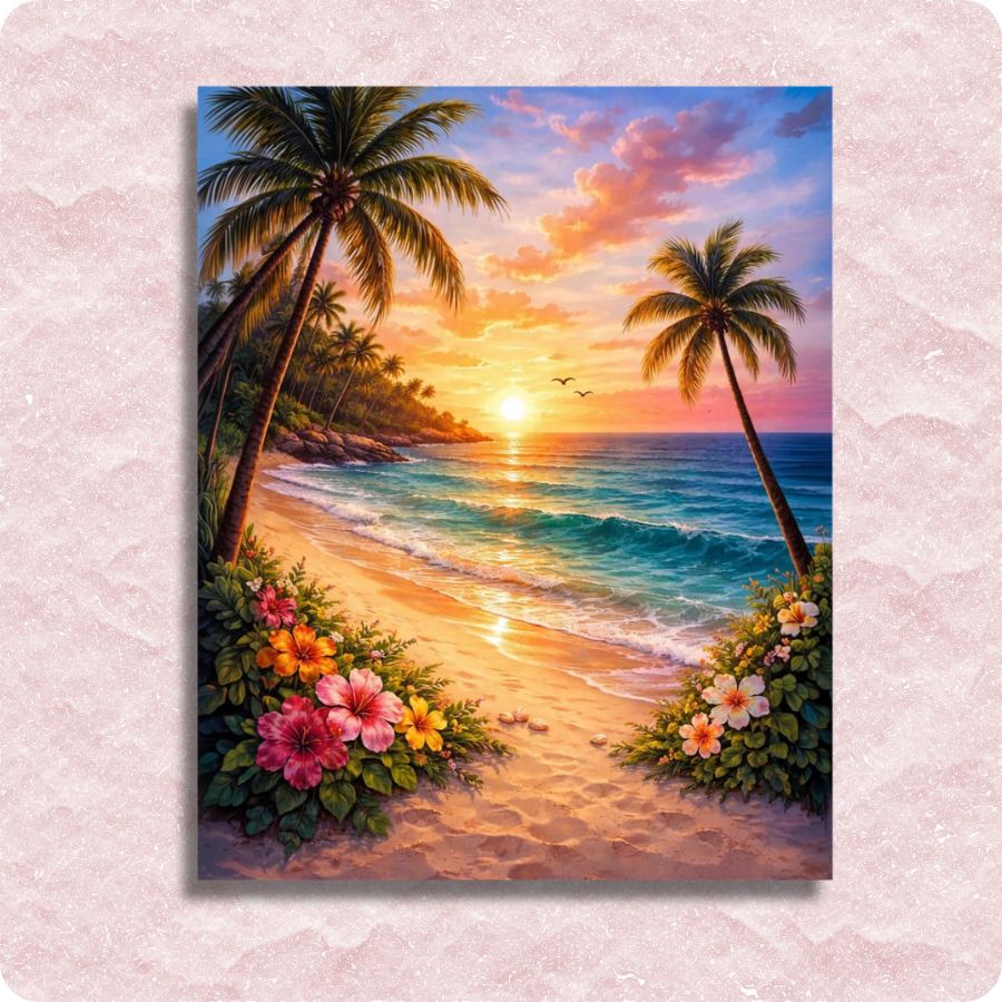 Painting of a tropical beach scene with palm trees and flowers, set against a pink textured background. Beautiful Sunset - Paint by Numbers Kit