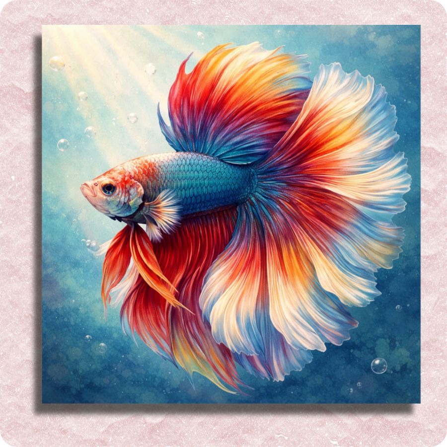 Colorful Betta fish with vibrant red, blue, and orange colors on a light pink background. Betta Fish - Paint by numbers