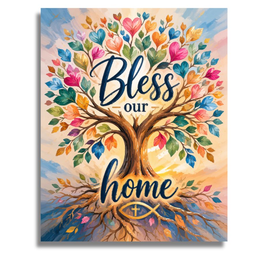 Colorful tree with 'Bless our home' text on a white background. Bless Our Home - Paint by numbers
