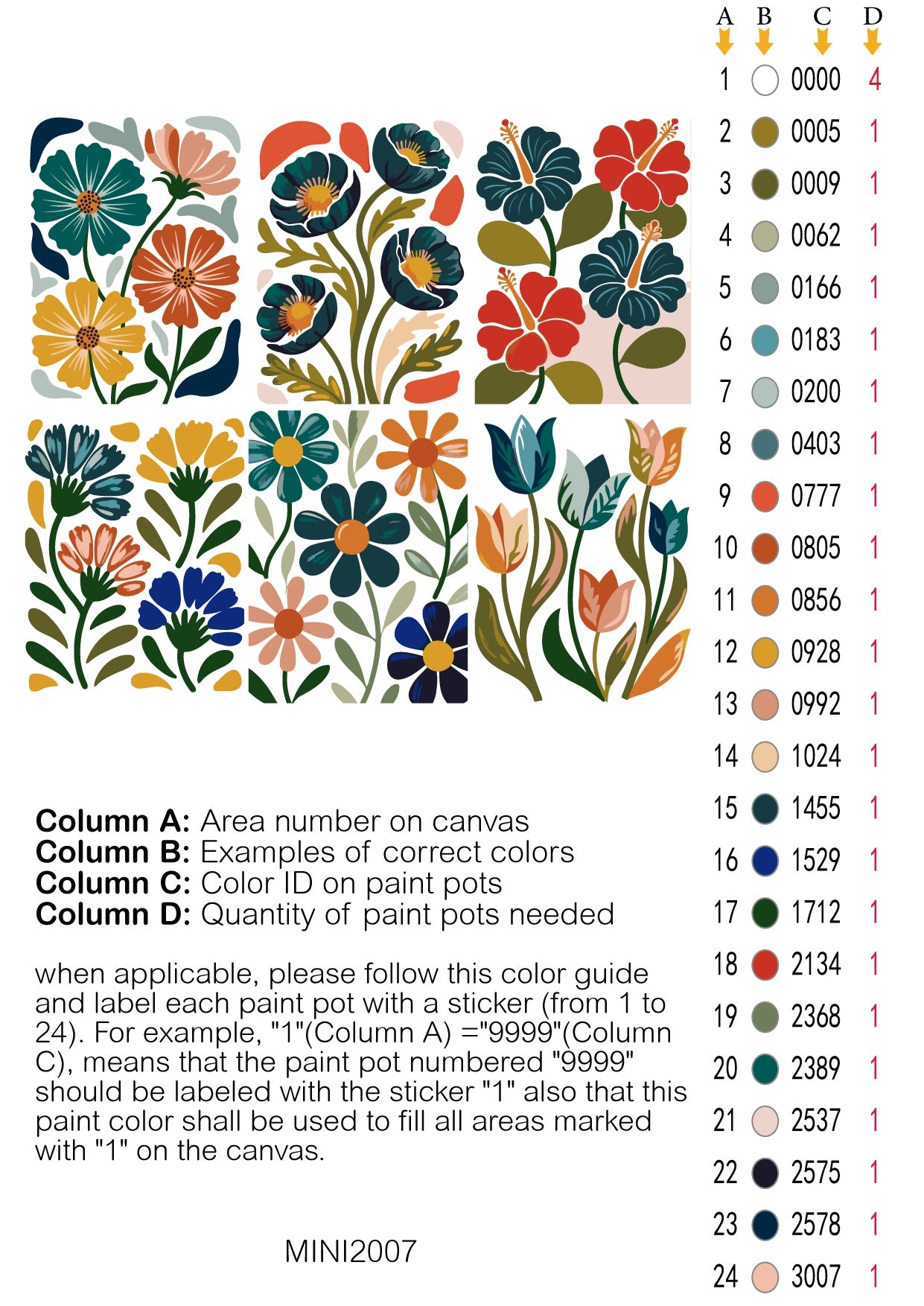 Boho Flowers 6 Pack Paint by Numbers - color card