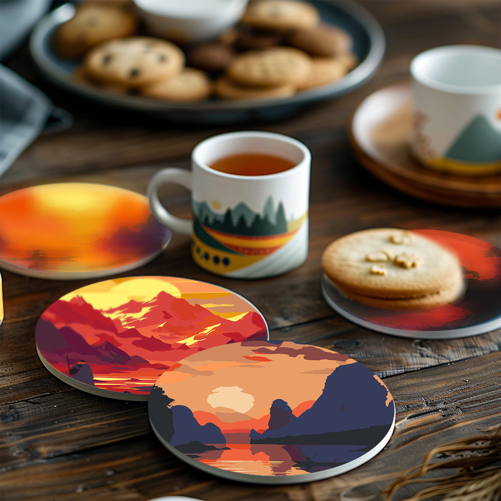 Coasters with mountain designs on a table with cookies and tea. Breathtaking Sunset Coasters 6 Pack Paint by Numbers Lifestyle