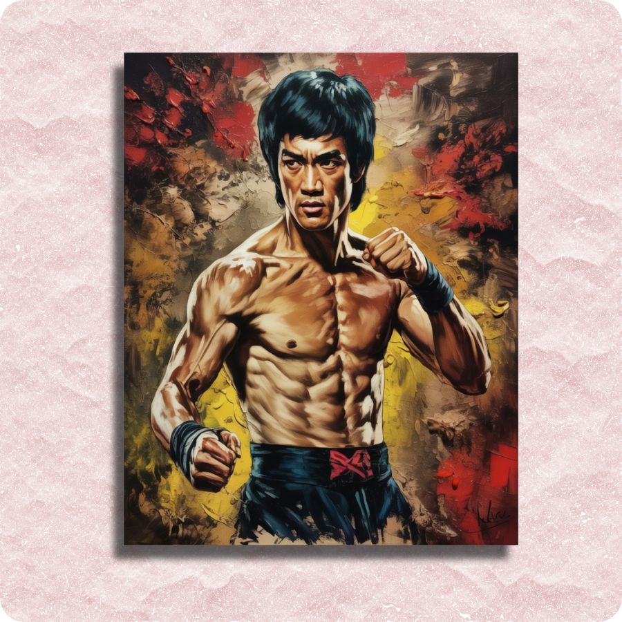 Artistic depiction of Bruce Lee in a fighting pose with a colorful abstract background. Bruce Lee - Paint by numbers