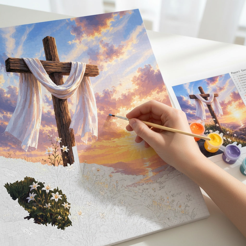 Hand painting a cross with a sunset scene on a canvas