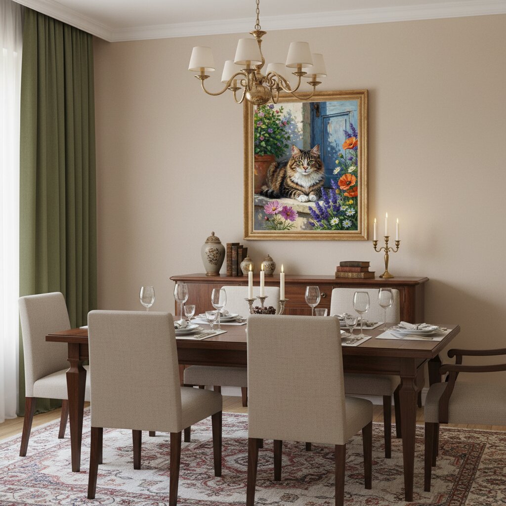A staged dining room with a wooden dining table, upholstered beige chairs, a patterned rug, green curtains, and a gold chandelier. A framed painting of a cat hangs on the wall above the table. Cat Among Summer Flowers - Paint by numbers lifestyle