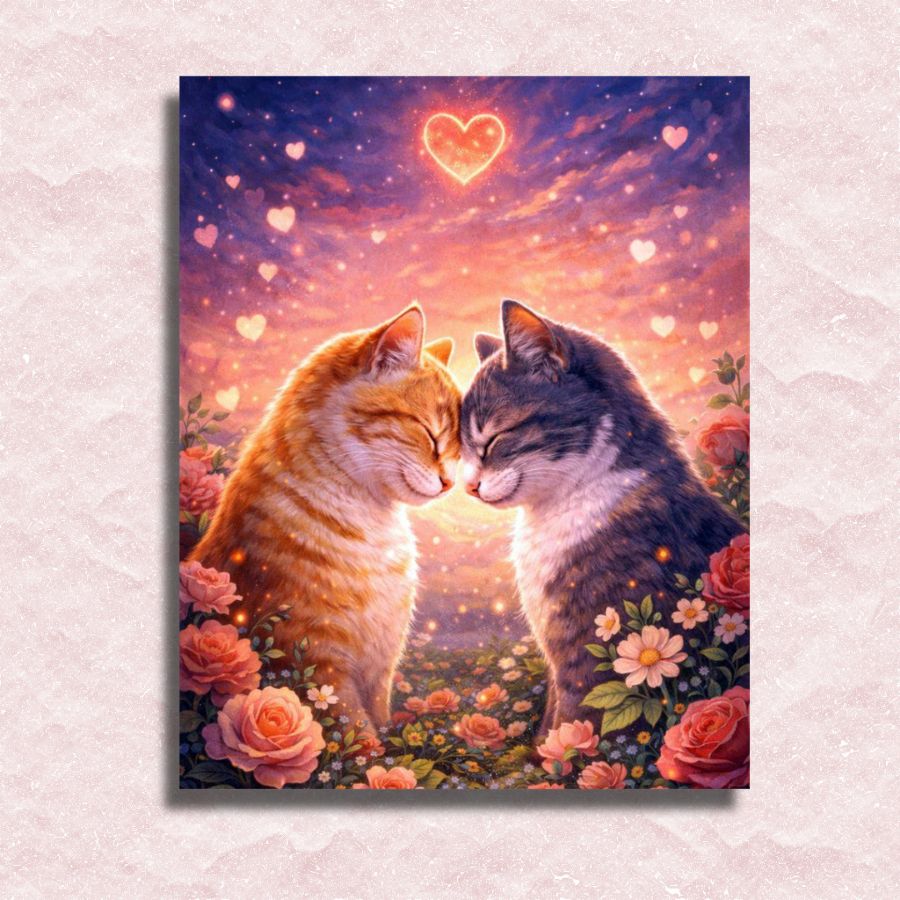 Two cats facing each other with a heart in the background, surrounded by flowers on a textured light gray background. Cat Connection of Love - Paint by numbers