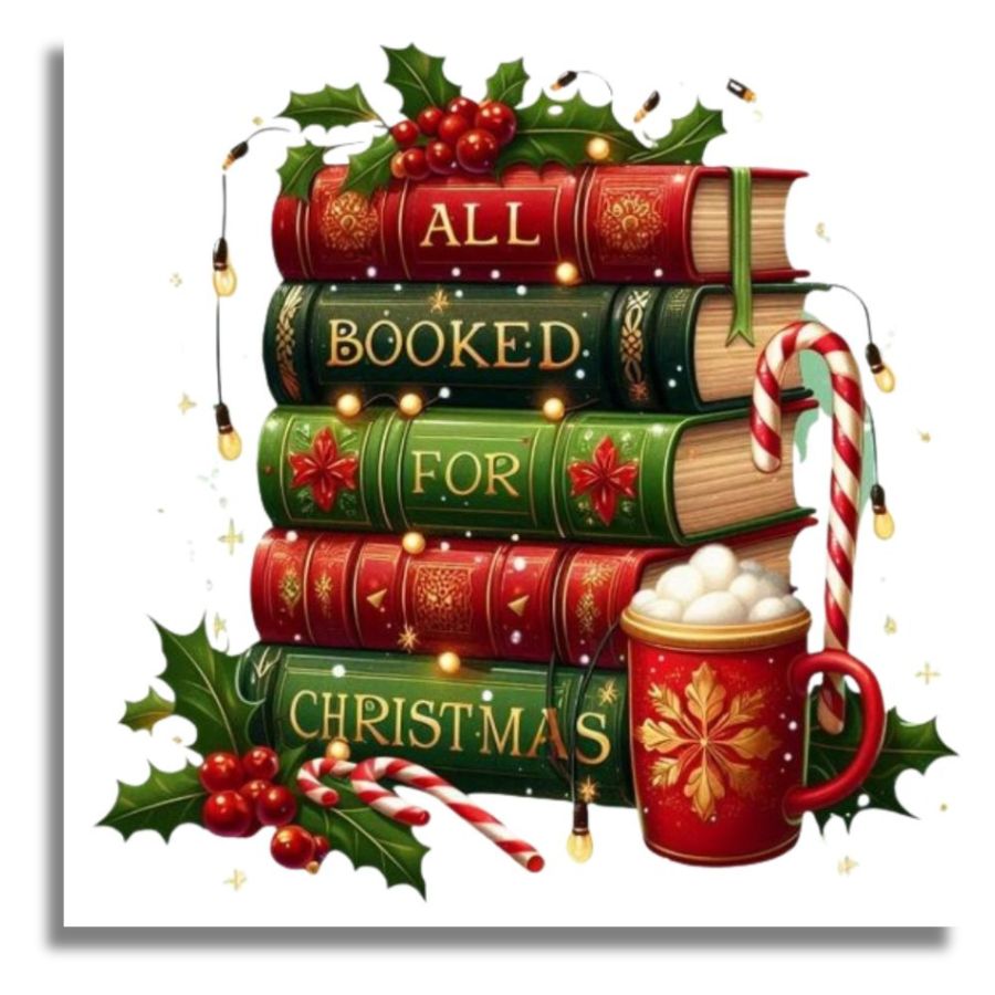 Stack of books with Christmas decorations and a mug on a white background. Christmas Book Stack - Paint by numbers
