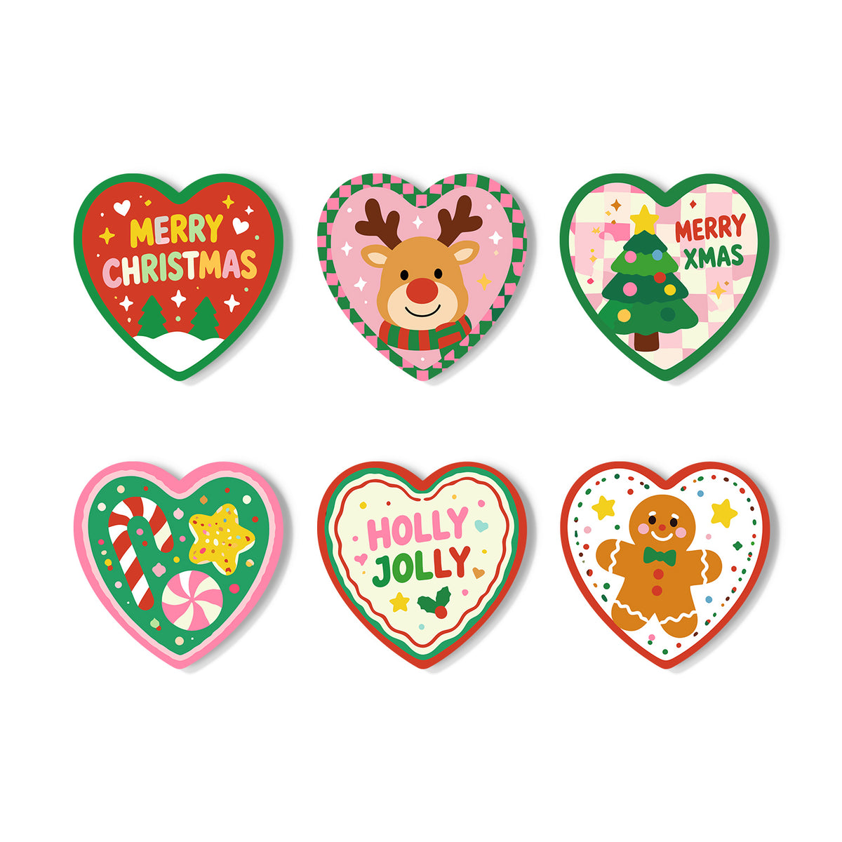 Six heart-shaped Christmas stickers arranged in two rows on a white background. The designs include a red 'Merry Christmas' tree, a pink reindeer with a green striped scarf, a green Christmas tree with 'Merry Xmas' text, candy canes and peppermint candies, a gingerbread man, and a 'Holly Jolly' heart. Christmas-Cheer Coasters - 6 Pack Paint by Numbers