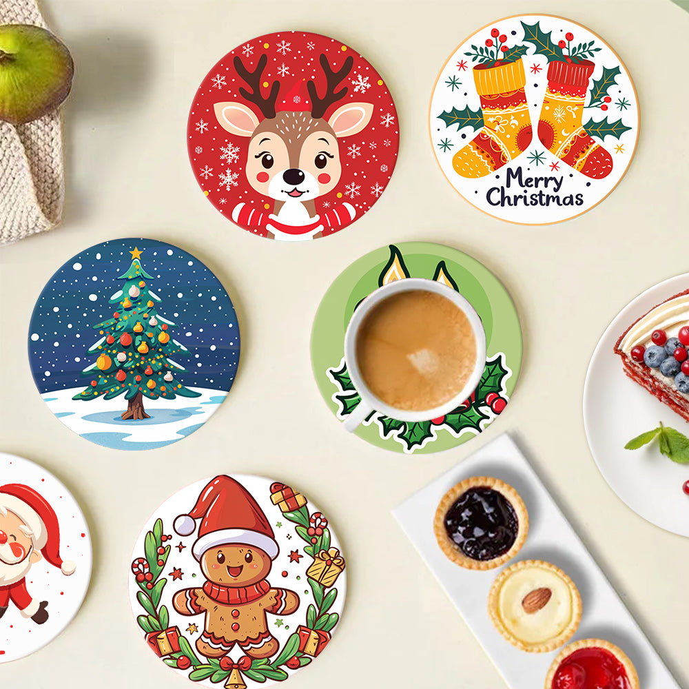 Set of Christmas-themed coasters with a cup of coffee and pastries on a light background. Christmas Coasters Paint by numbers lifestyle