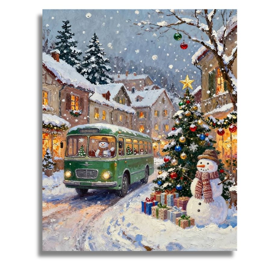 A festive winter village scene painting featuring a green vintage bus driving past a decorated Christmas tree and a snowman, with snow-covered houses, gifts, and falling snow in the background. Christmas Snowman - Paint by numbers