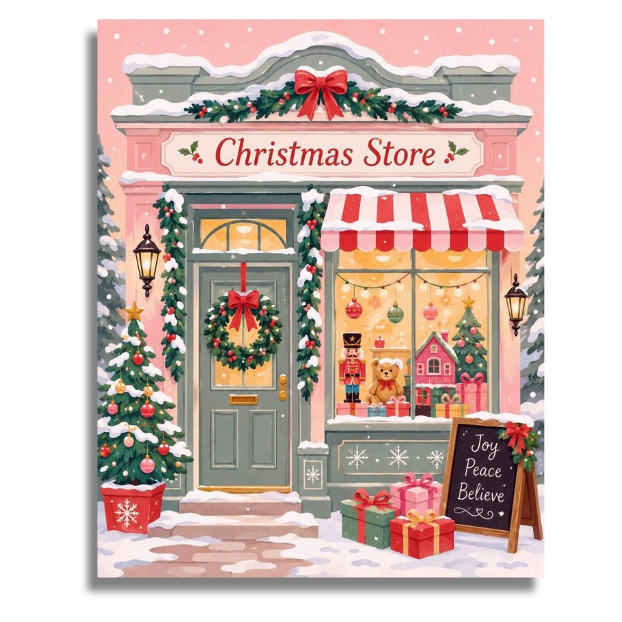 A festive Christmas storefront illustration labeled 'Christmas Store,' showing a pink building with snow on the roof, a green door with a wreath and red bow, a red-and-white striped awning, decorated trees, gifts, and a chalkboard sign reading 'Joy Peace Believe.'. Christmas Store Canvas - Paint by numbers
