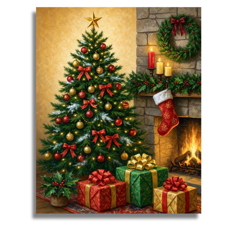 A festive Christmas holiday scene print featuring a decorated evergreen tree with red and gold ornaments, wrapped gifts, a lit fireplace, candles, a wreath, and stockings. Christmas Tree Canvas - Paint by numbers