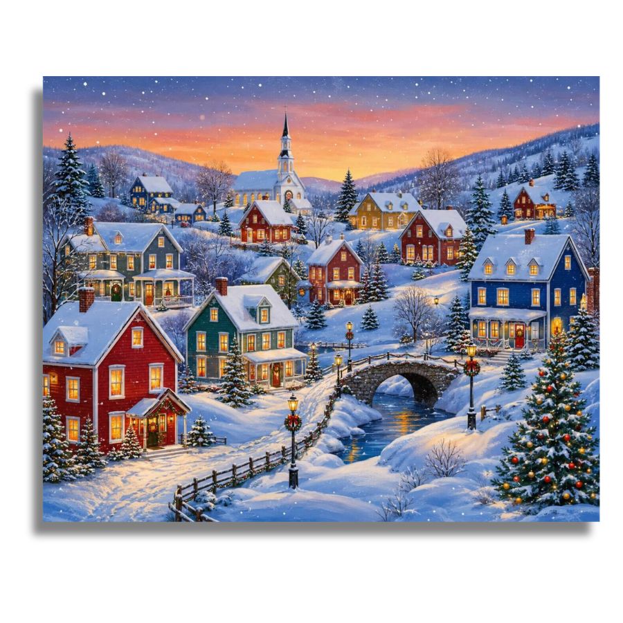 A square canvas print depicting a snowy winter village scene at sunset, with colorful houses, evergreen trees, a church steeple, a small bridge over a river, and a starry sky. The canvas is shown against a plain white background. Christmas in the Town Canvas - Paint by numbers