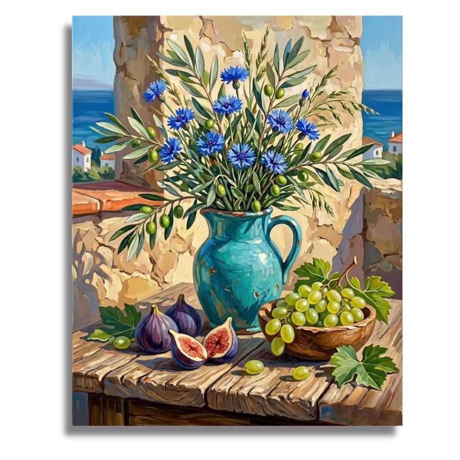 Painting of a blue vase with flowers, figs, and grapes on a table with a coastal background. Coastal Mediterranean Vase - Paint by numbers