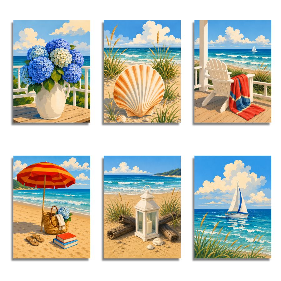 Set of six beach-themed paint by numbers canvases featuring ocean views, flowers, and coastal elements.