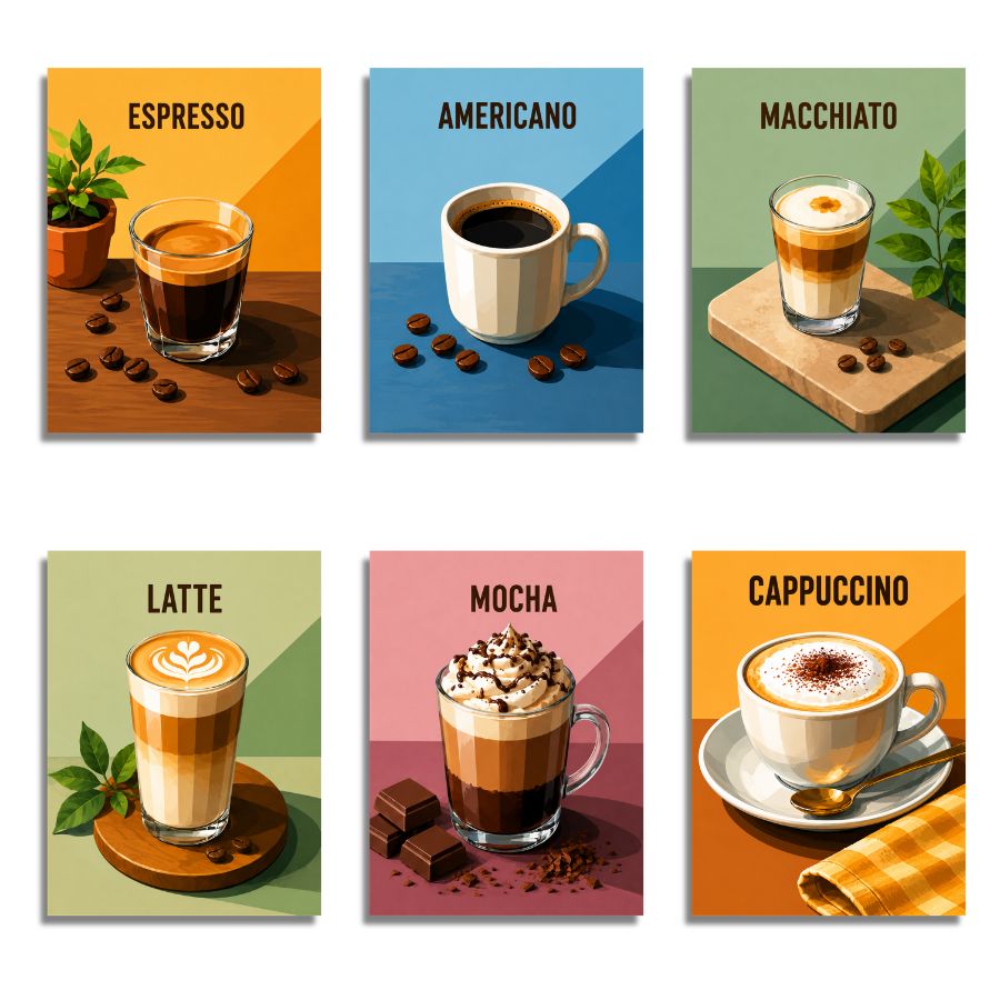 Illustrations of different coffee types on colorful backgrounds. Coffee Favorites 6 Pack Paint by Numbers