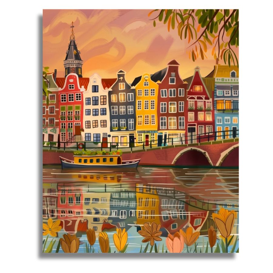 Colorful painting of a canal scene with houses and a bridge. Colorful Amsterdam Reflections