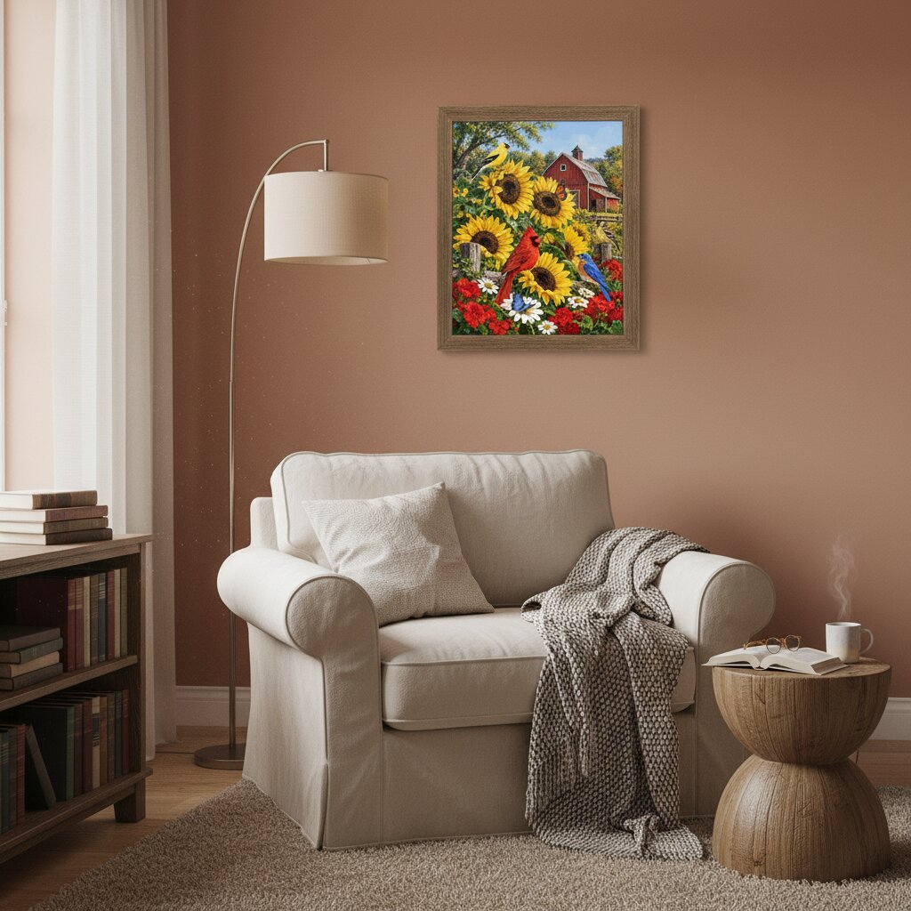 A framed art print depicting a vibrant sunflower field with a red barn and bluebirds, displayed on a warm terracotta wall above a beige armchair in a cozy living room setting. Country Garden Birds - Paint by numbers lifestyle