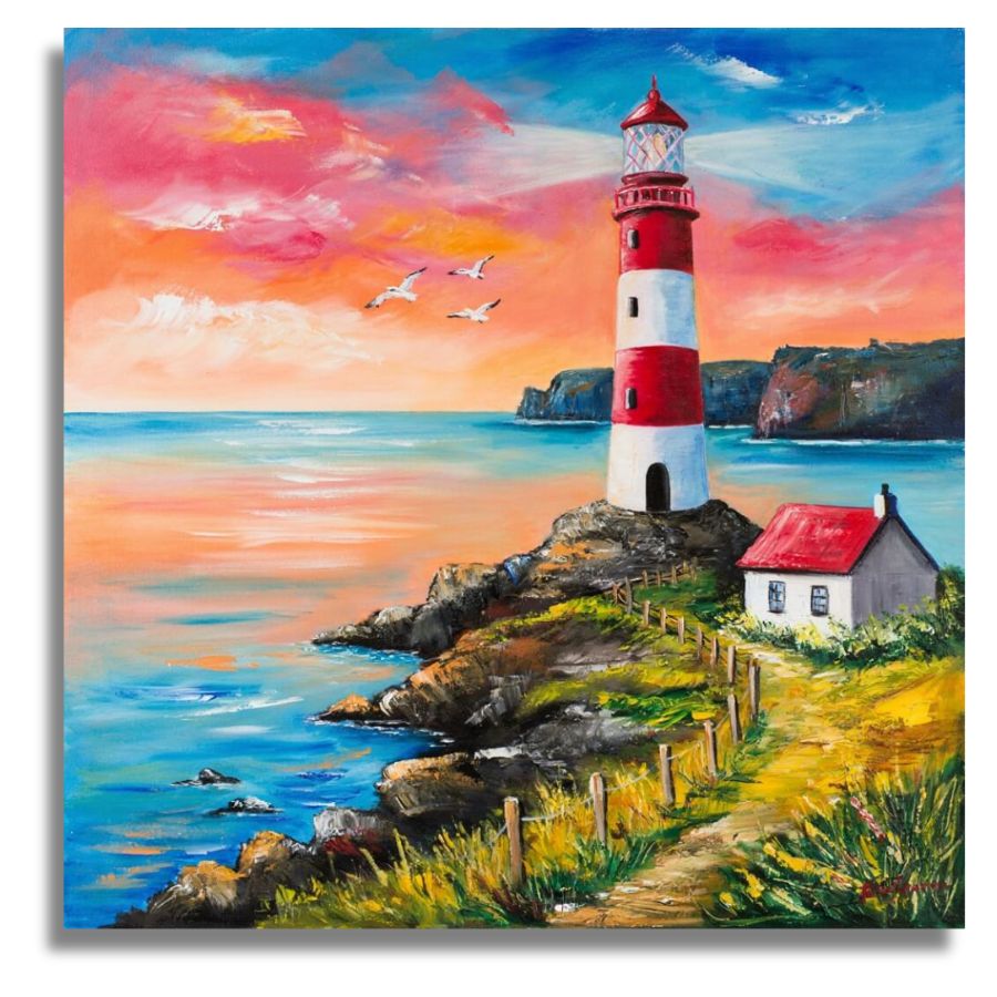 A colorful painted seascape showing a red-and-white lighthouse on rocky shorelines beside blue water, with a small house, yellow grassy path, birds, and a dramatic pink, orange, and blue sky. Crimson Lighthouse Scene - Paint by numbers