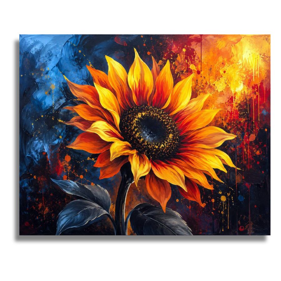 A stylized painting of a large sunflower with glowing orange and yellow petals, a dark brown center, and dark leaves against an abstract background with blue, red, and orange paint splashes. Dreamy Sunflower - Paint by numbers