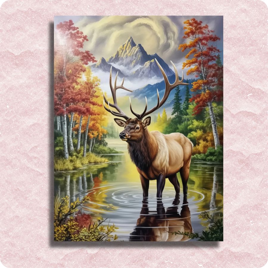 Elk in Autumn Waters- Paint by numbers - Painting of a deer in a forest with mountains and trees on a pink textured background