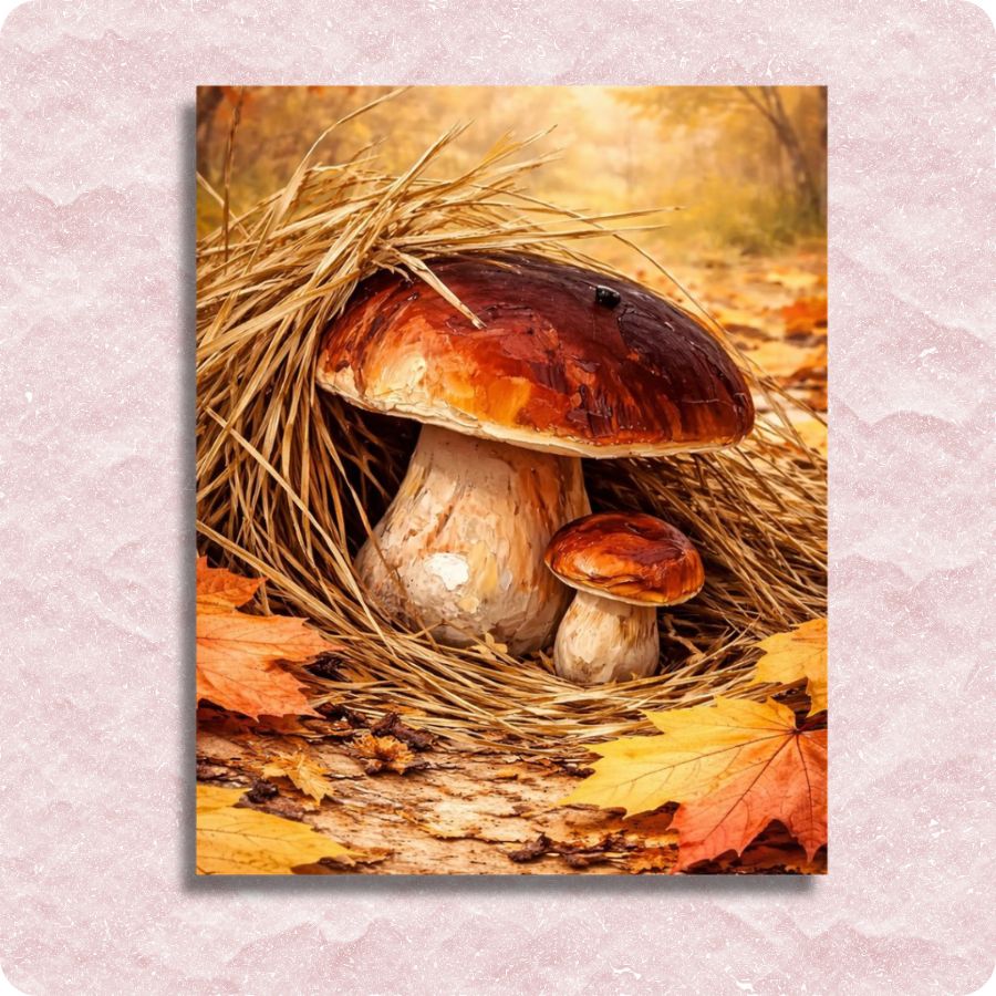 Mushrooms and autumn leaves on a forest floor with a pink border. Enchanted Mushrooms Paint by Numbers