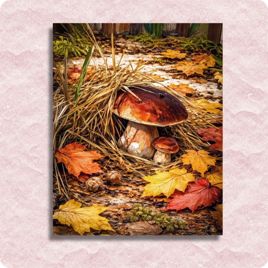 Mushrooms and autumn leaves on a forest floor with a pink border. Enchanted Mushrooms Paint by Numbers