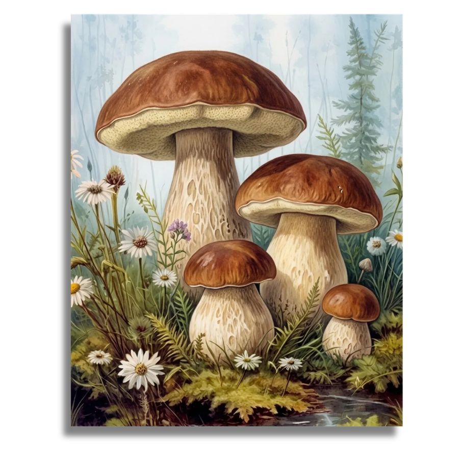 Illustration of mushrooms and flowers in a forest setting. Enchanted Mushrooms Paint by Numbers