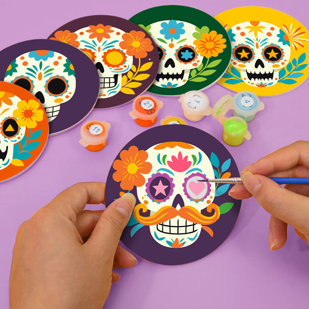 Festive Sugar Skulls Coasters - 6 Pack Paint by Numbers Package
