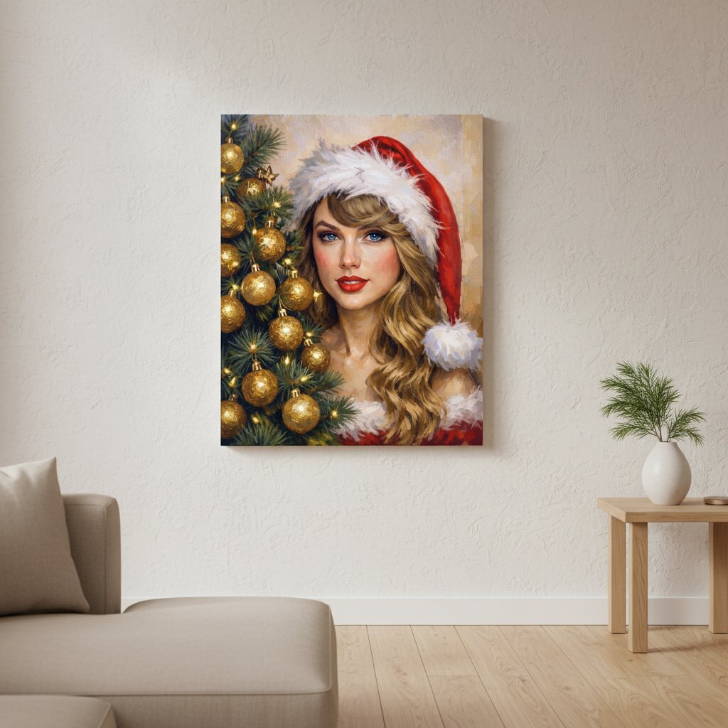 A vertical canvas wall art print featuring a painted portrait of Taylor Swift in a red Santa hat next to a decorated Christmas tree, displayed on a textured off-white wall in a modern living room setting.