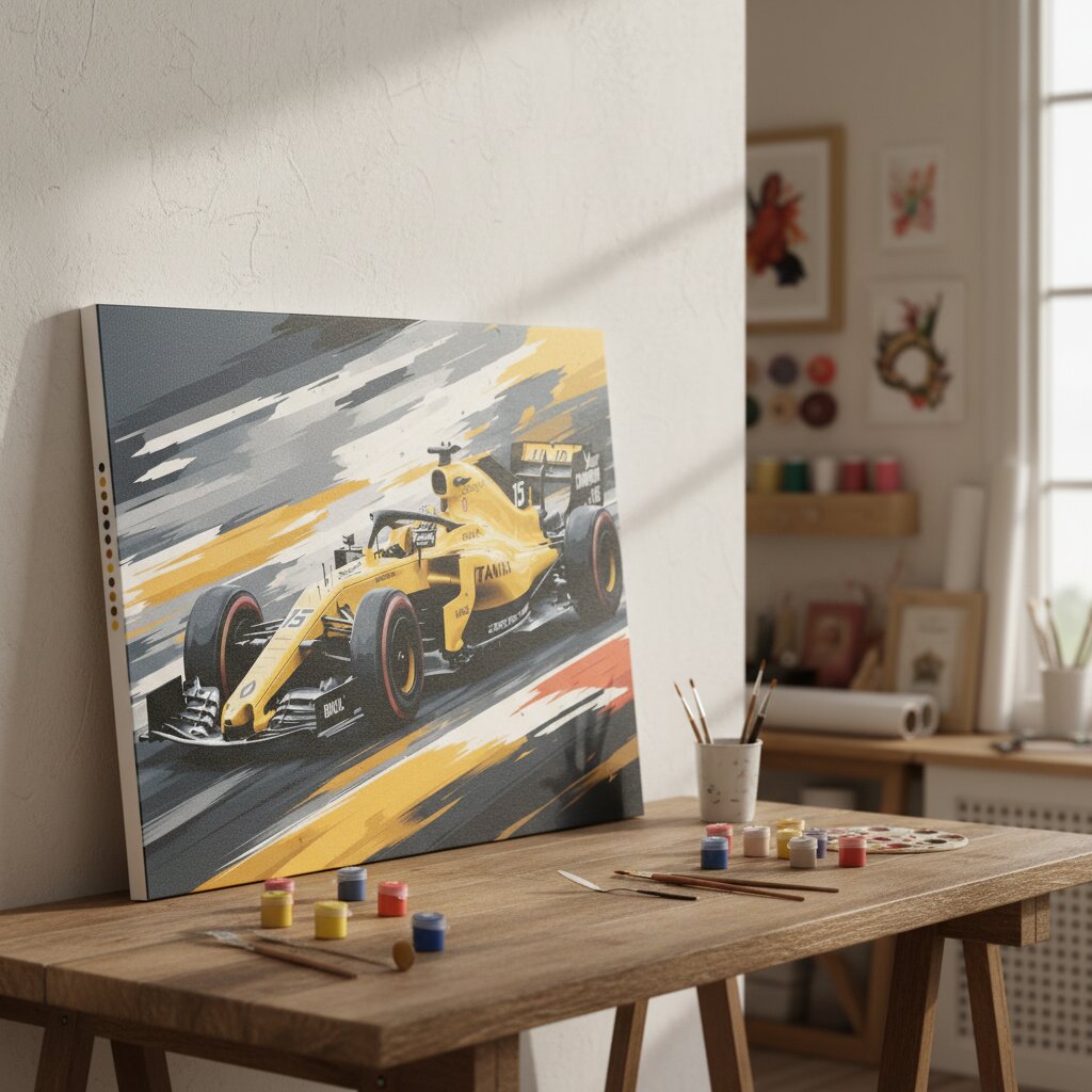 A canvas art print depicting a yellow Formula 1 race car in motion, leaning against a wall on a wooden table in a styled artist studio. Formula 1 Racing Car lifestyle