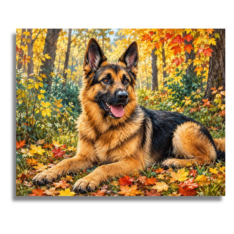 A German Shepherd lying in an autumn forest with colorful fallen leaves and trees in the background, shown as a square wall art print or canvas against a white backdrop. German Shepherd Canvas - Paint by numbers