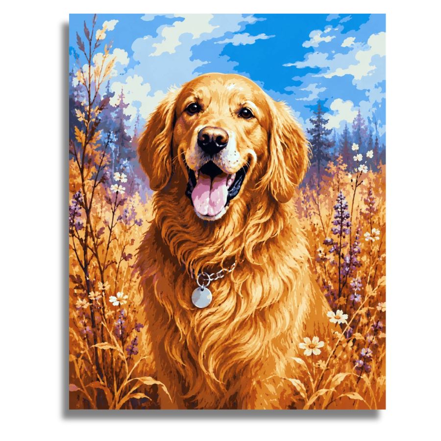 Painting of a golden retriever in a field with flowers and blue sky. Golden Retriever Canvas - Paint by numbers