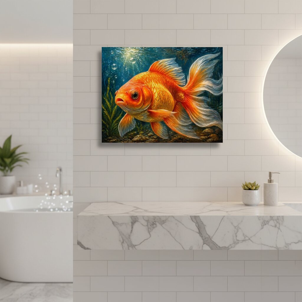 Bathroom with a painting of a goldfish on the wall
