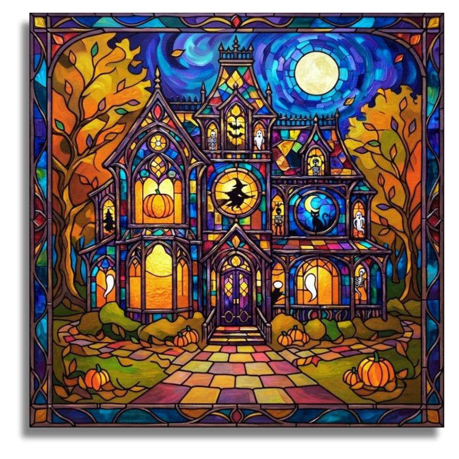 A square stained-glass-style artwork depicting a haunted house at night with autumn trees, pumpkins, a witch riding a broomstick, and a full moon. The piece is framed by a decorative border and shown against a plain white background. Haunted Halloween Manor Stained Glass Canvas - Paint by numbers