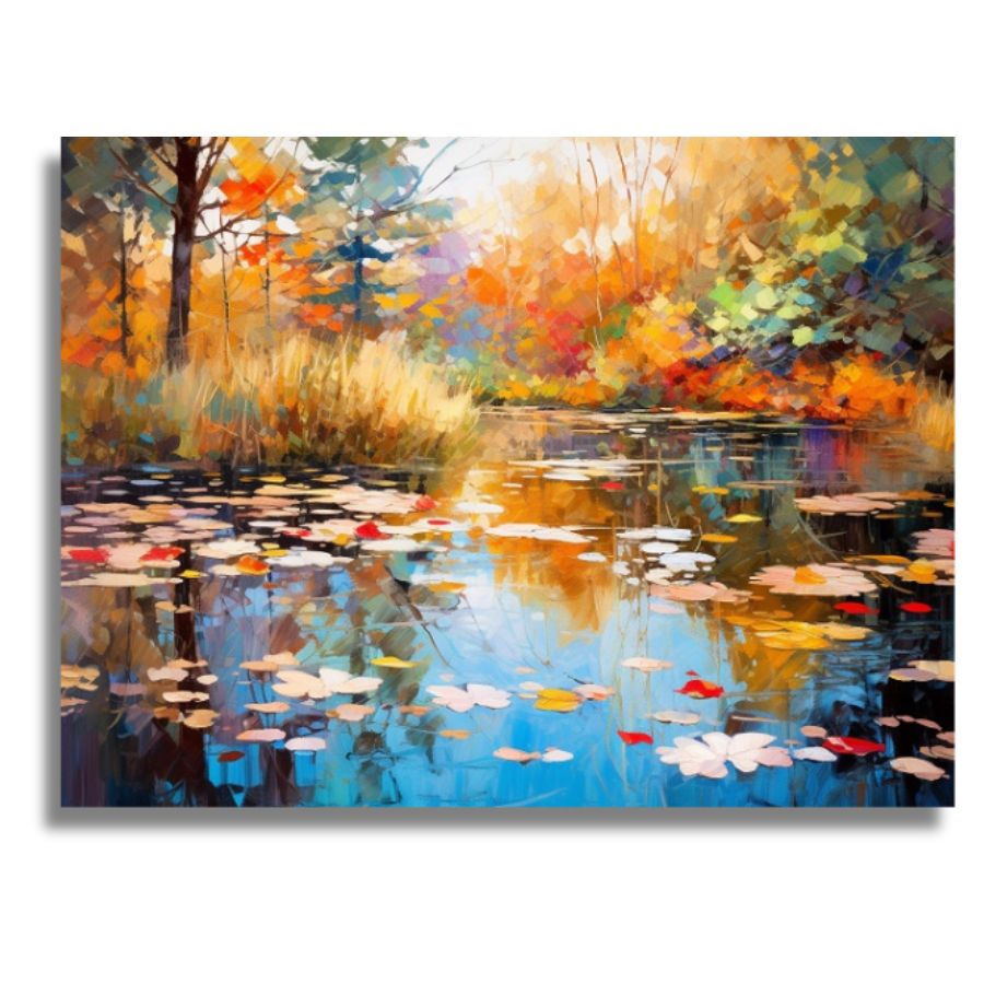 An abstract landscape painting of a calm lake or pond in autumn, with colorful trees, reeds, and floating leaves reflected in blue water, shown as a rectangular canvas against a light gray background. Impressionist Colorful Pond in Fall Canvas - Paint by numbers