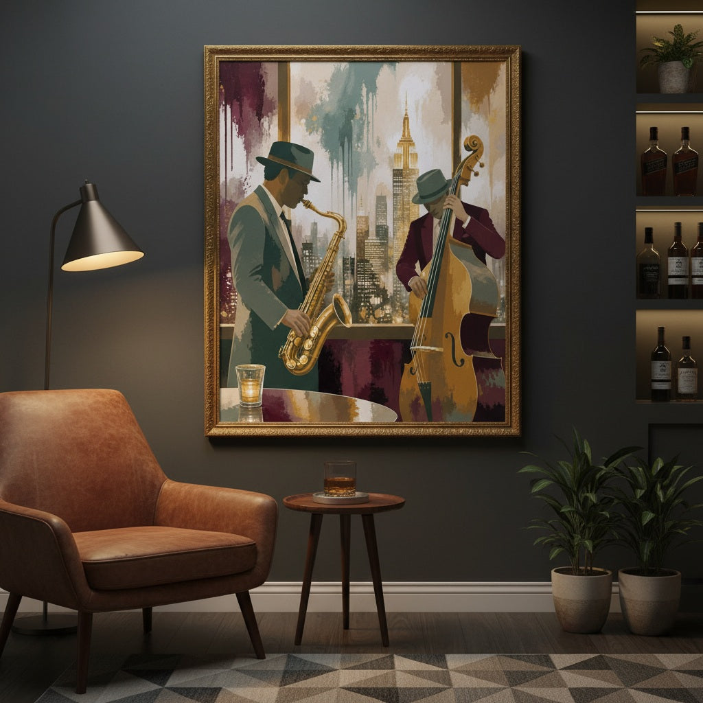 Framed artwork of two musicians playing saxophone and double bass in a cityscape, displayed in a room with a brown armchair and side table.