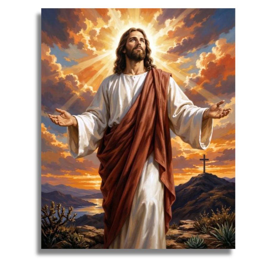 Painting of Jesus with a cross and sunset landscape. Jesus is Lord - Paint by numbers