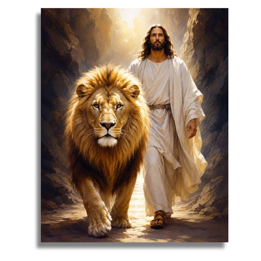 A dramatic religious artwork showing Jesus in flowing white robes walking beside a large golden lion in a rocky, sunlit passage. Jesus is the Lion of Judah Canvas - Paint by numbers Kit