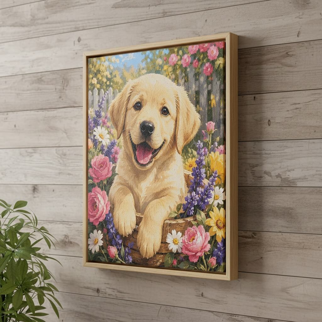 Framed painting of a golden retriever puppy in a floral setting on a wooden wall.