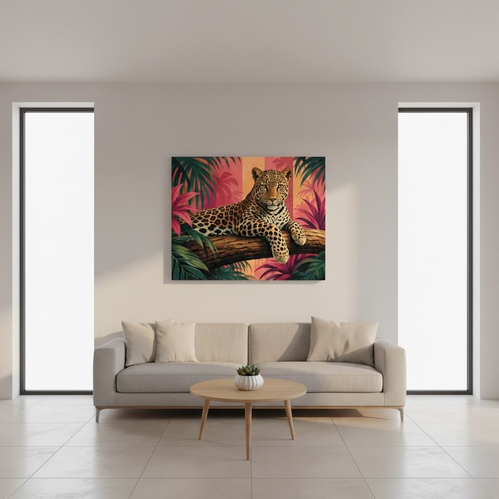 Living room with a sofa, coffee table, and a colorful painting of a jaguar on a wall.