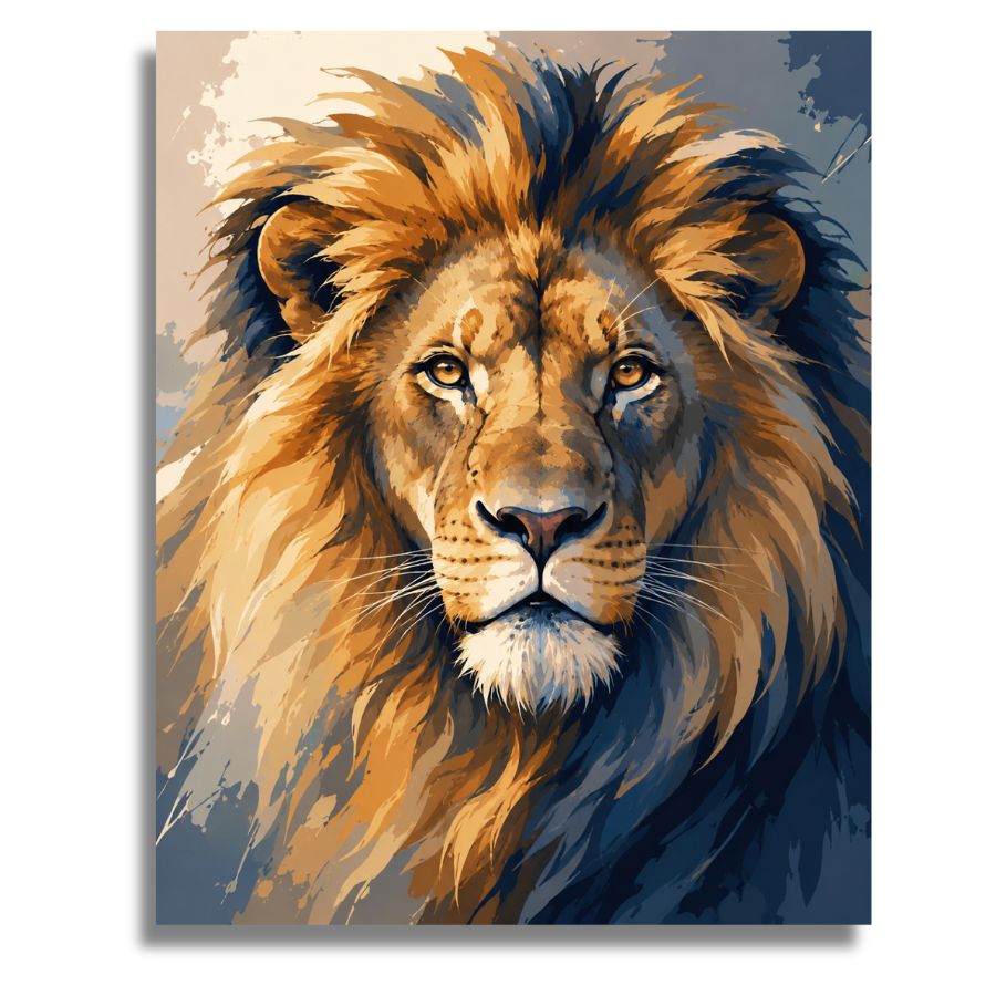 Painting of a lion with a detailed mane on a neutral background. Lion Head - Paint by numbers